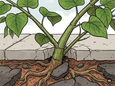 Japanse duizendknoop breekt door gebarsten beton, met brede groene bladeren en wortels zichtbaar in het asfalt.