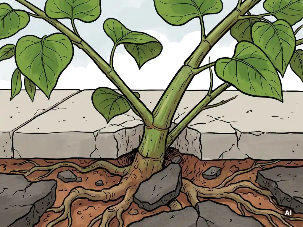 Japanse duizendknoop breekt door gebarsten beton, met brede groene bladeren en wortels zichtbaar in het asfalt.