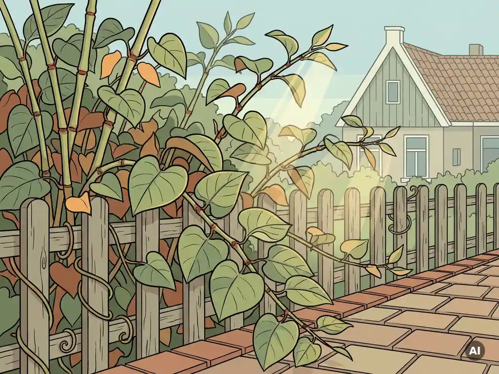 Japanse duizendknoop met hartvormige bladeren overweldigt een tuinpad, dikke bamboestengels krullen over een houten hek in zachte ochtendlicht.