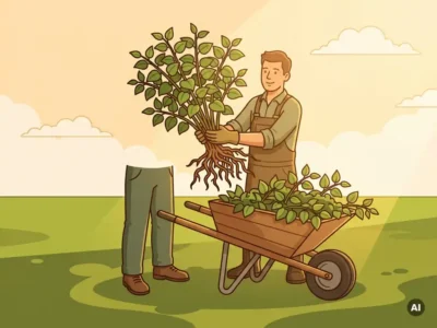 Tuinier houdt een dichte kluwen Japanse duizendknoop met verwarde wortels vast naast een kruiwagen op een groen veld.