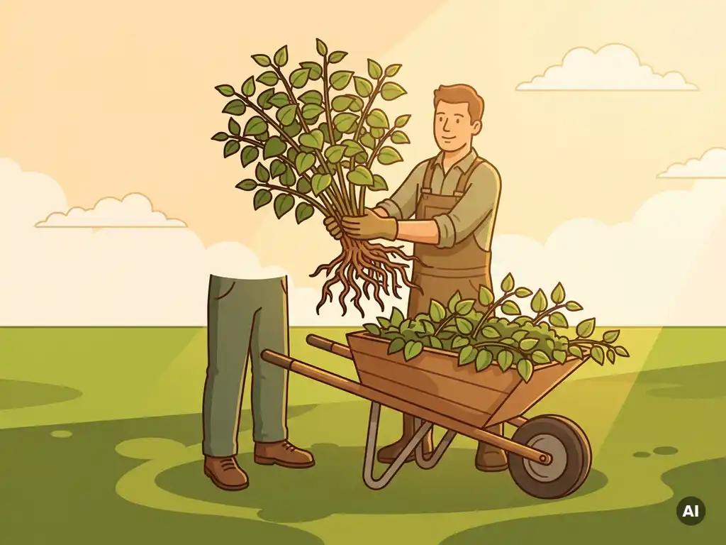 Tuinier houdt een dichte kluwen Japanse duizendknoop met verwarde wortels vast naast een kruiwagen op een groen veld.
