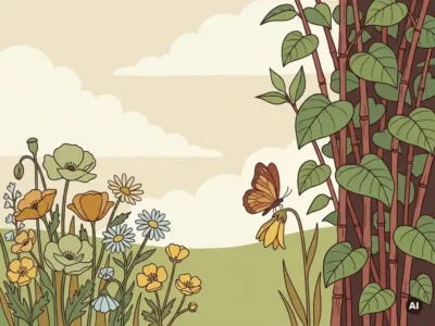 Vlinder bij laatste bloeiende wilde bloem in weiland, terwijl Japanse duizendknoop inheemse planten verdringt in Nederlands landschap.